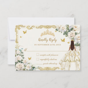 Quinceañera Ivory White Floral Dress Princess Gold RSVP Card
