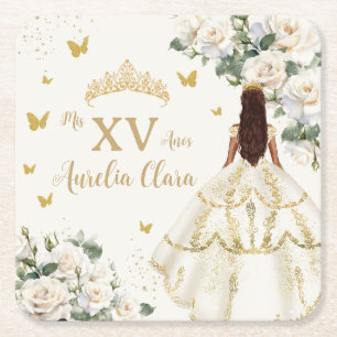 Quinceañera Ivory White Floral Dress Princess Gold Square Paper Coaster