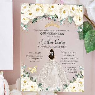 Quinceañera Ivory White Floral Gold Tiara Dress Acrylic Invitations