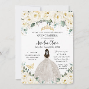 Quinceañera Ivory White Floral Gold Tiara Dress Invitation