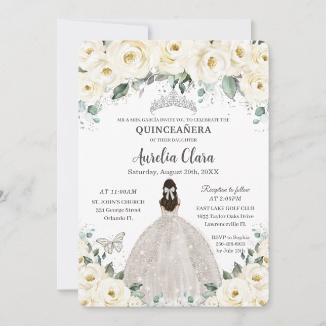 Quinceañera Ivory White Floral Silver Tiara Dress Invitation (Front)