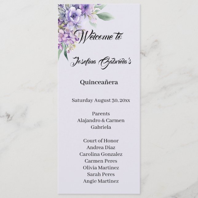 Quinceanera Lavender double side program card  (Front)