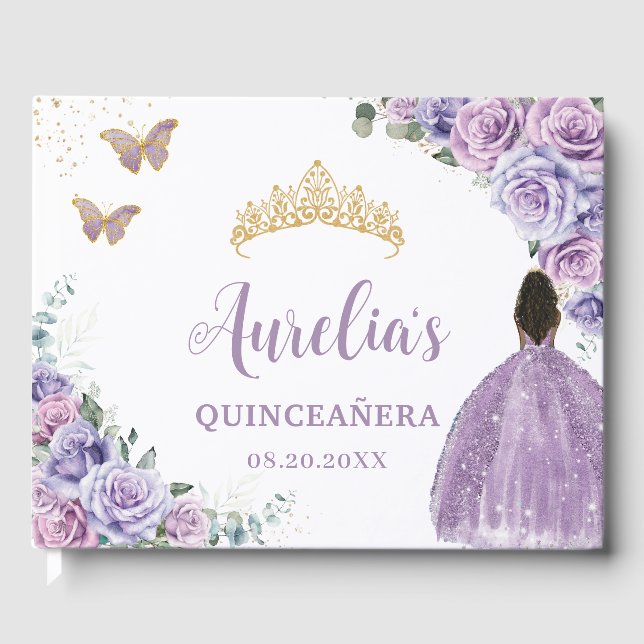 QUINCEAÑERA Lavender Lilac Purple Roses Brown Girl Guest Book (Front)