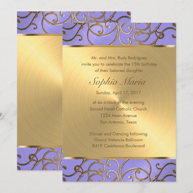 Quinceanera Lavender Purple and Gold Filigree Invitation (Front/Back)