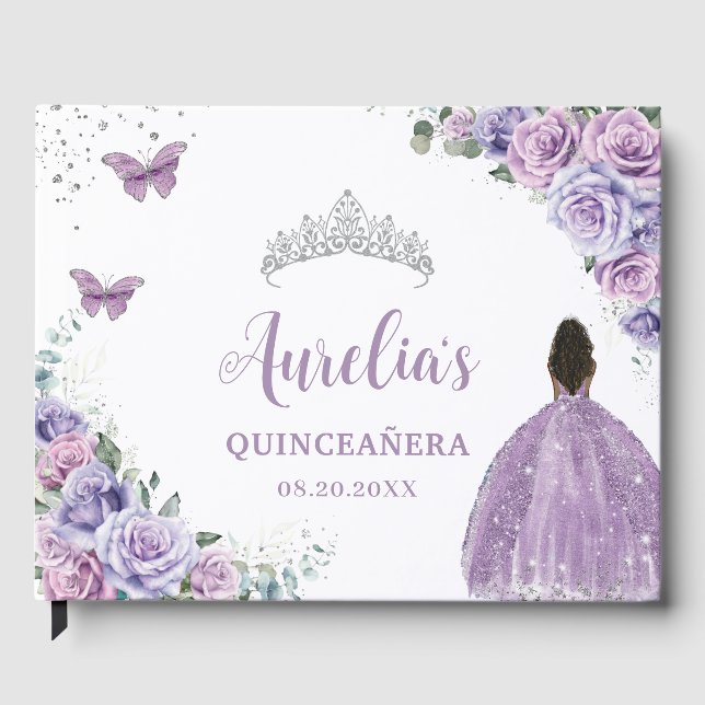QUINCEAÑERA Lavender Purple Floral Brown Princess Guest Book (Front)