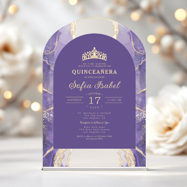 Quinceañera Lavender Purple Gold Agate Elegant Acrylic Invitations (Creator Uploaded)