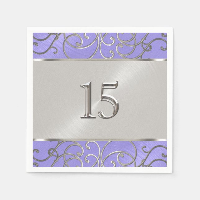 Quinceanera Lavender Purple Silver Filigree Swirls Napkin (Front)