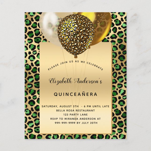 Quinceanera leopard emerald green gold budget flyer (Front)
