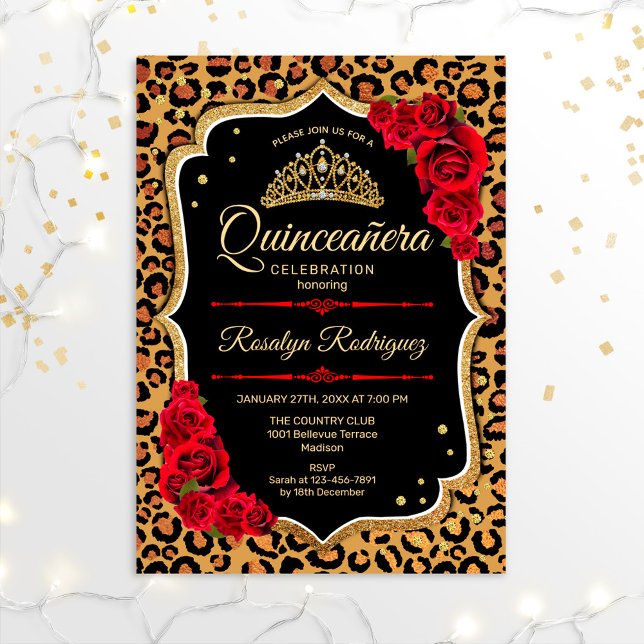 Quinceanera - Leopard Print Gold Red Invitation (Creator Uploaded)