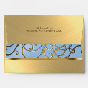 Quinceanera Light Blue and Gold Filigree Swirls Envelope