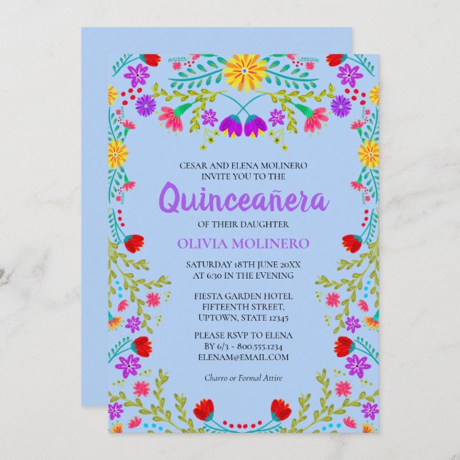 Quinceanera Light Blue Mexican Flowers Birthday Invitation (Front/Back)