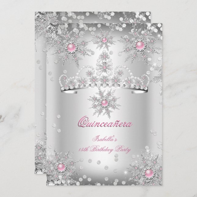 Quinceanera Light Pink Silver Winter Wonderland Invitation (Front/Back)