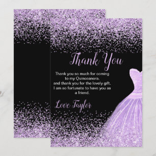 Quinceanera Light Purple Dress Faux Glitter Thank You Card