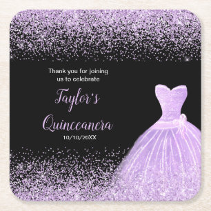 Quinceanera Light Purple Faux Glitter Square Paper Coaster