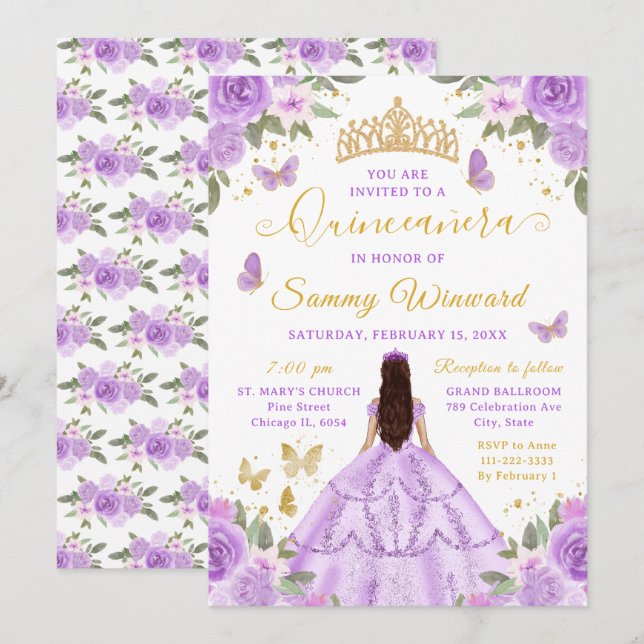 Quinceañera Light Purple Princess Brunette Girl Invitation (Front/Back)