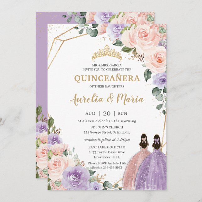 Quinceañera Lilac Blush Floral Rose Gold Twins Invitation (Front/Back)