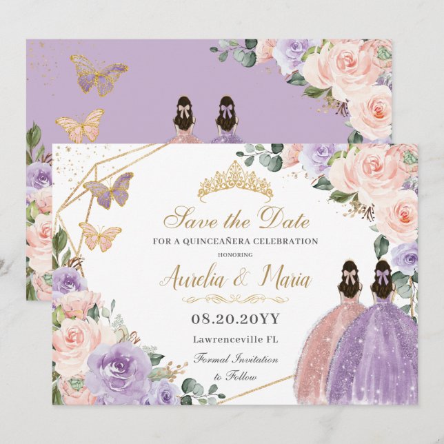 Quinceañera Lilac Blush Floral Rose Gold Twins Save The Date (Front/Back)