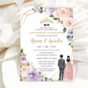Quinceañera Lilac Blush Floral Twins Boy Girl Invitation
