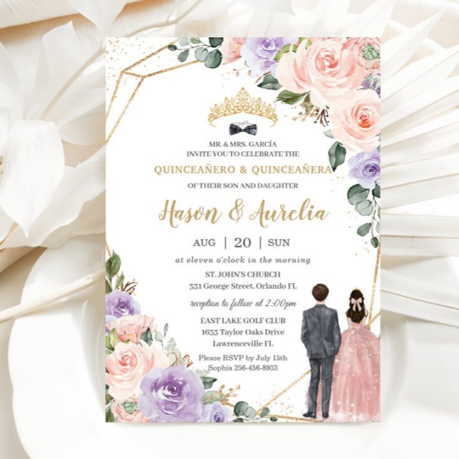 Quinceañera Lilac Blush Floral Twins Boy Girl Invitation (Creator Uploaded)