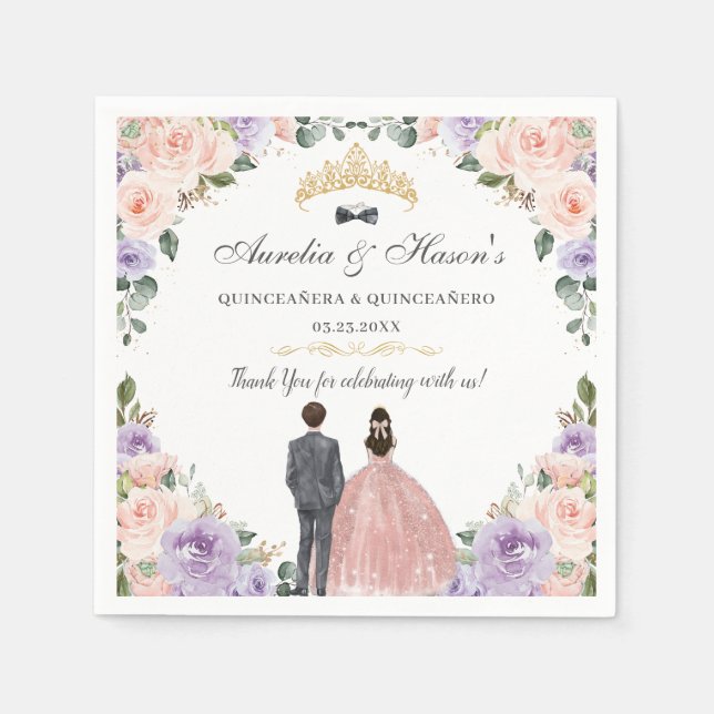 Quinceañera Lilac Blush Floral Twins Boy Girl Napkin (Front)