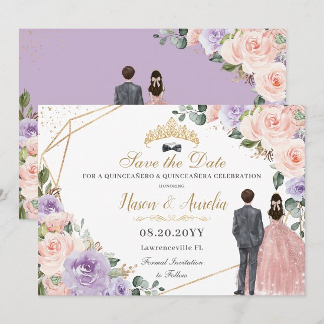 Quinceañera Lilac Blush Floral Twins Boy Girl Save The Date (Front/Back)