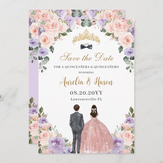 Quinceañera Lilac Blush Floral Twins Boy Girl Save The Date (Front/Back)