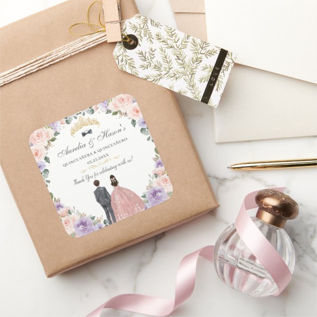 Quinceañera Lilac Blush Floral Twins Boy Girl Square Sticker (Gifting)
