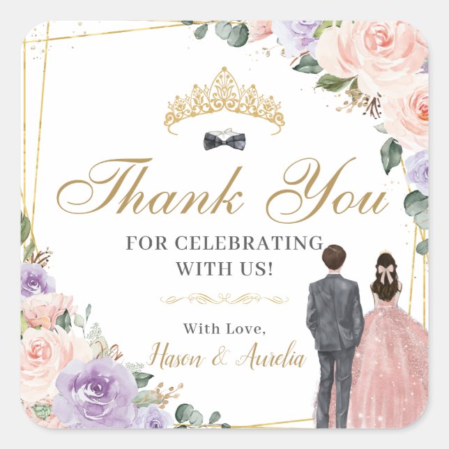 Quinceañera Lilac Blush Floral Twins Boy Girl Square Sticker (Front)