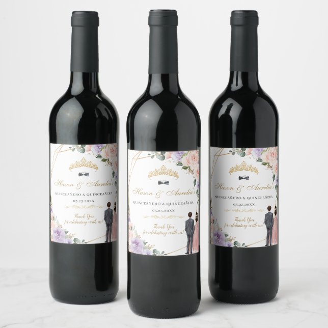 Quinceañera Lilac Blush Floral Twins Boy Girl Wine Label (Bottles)