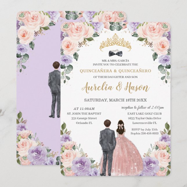 Quinceañera Lilac Blush Flowers Twins Boy Girl Invitation (Front/Back)