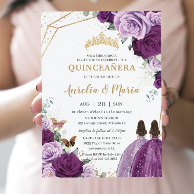 Quinceañera Lilac Dark Purple Plum Floral Twins  Invitation (Creator Uploaded)