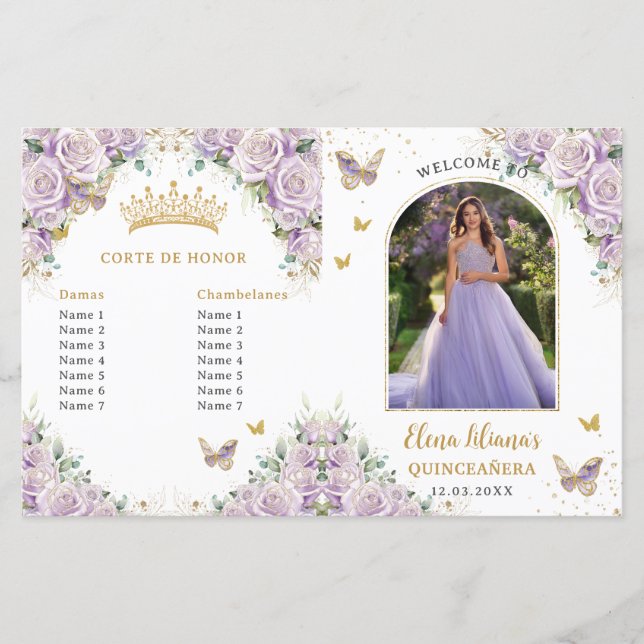 Quinceañera Lilac Floral Butterflies Photo Program (Front)