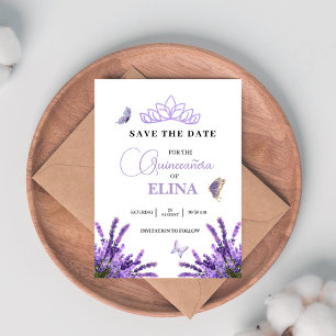 Quinceañera Lilac Floral Crown Tiara & Butterflies Save The Date