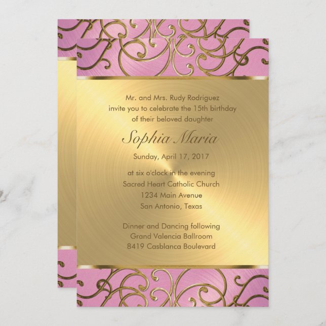 Quinceanera Lilac Pink and Gold Filigree Swirls Invitation (Front/Back)