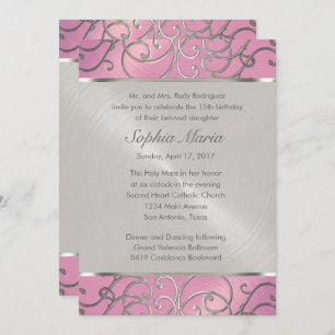 Quinceanera Lilac Pink and Silver Filigree Swirls Invitation