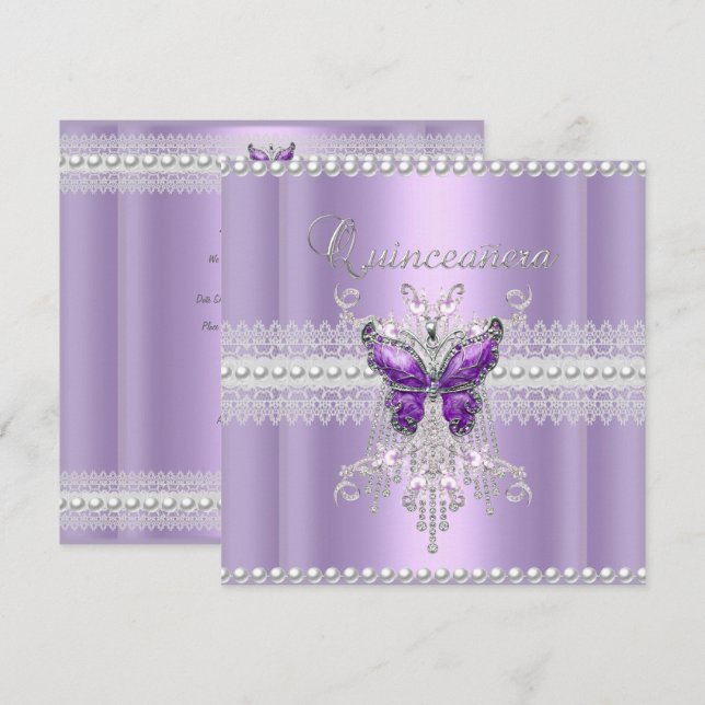 Quinceanera Lilac Pink Pearl Lace Butterfly Invitation (Front/Back)