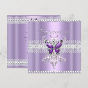 Quinceanera Lilac Pink Pearl Lace Butterfly Invitation