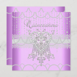 Quinceanera Lilac Pink Pearl Lace Diamond Invitation