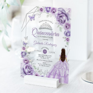 Quinceanera Lilac Purple Dress Floral Silver Acrylic Invitations