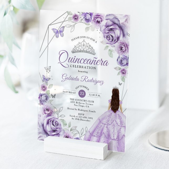 Quinceanera Lilac Purple Dress Floral Silver Acrylic Invitations (Creator Uploaded)