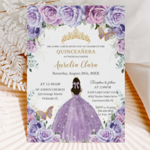 Quinceañera Lilac Purple Floral Gold Butterflies Invitation
