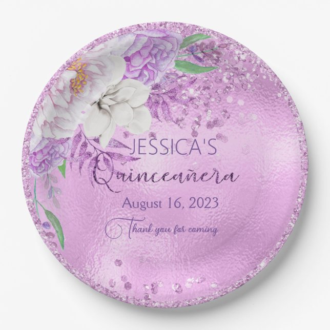 Quinceanera Lilac Purple Floral Paper Plate (Front)