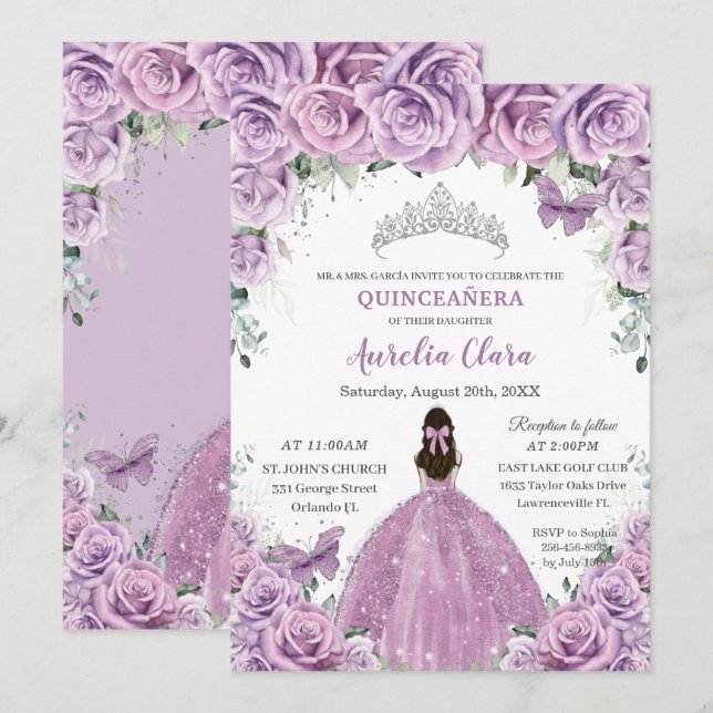 Quinceañera Lilac Purple Flowers Butterflies Crown Invitation (Front/Back)