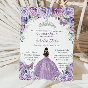 Quinceañera Lilac Purple Flowers Butterflies Crown Invitation