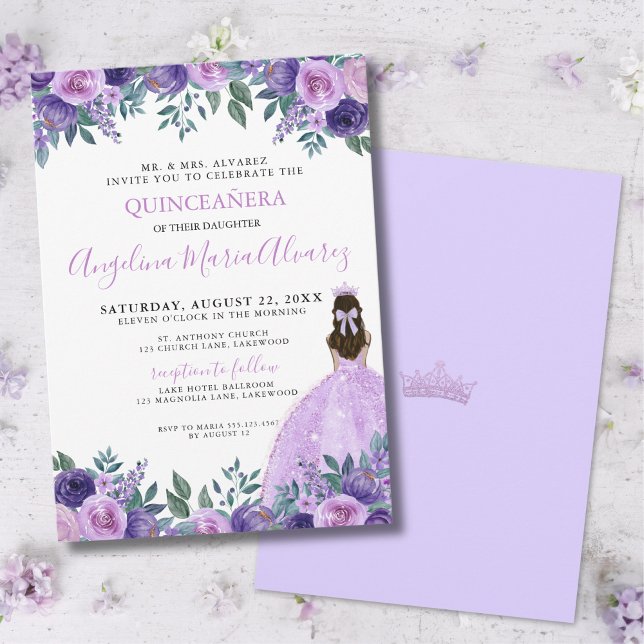 Quinceañera Lilac Purple Flowers Crown Invitation (Quinceañera Lilac Purple Flowers Crown Invitation)