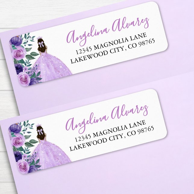 Quinceañera Lilac Purple Flowers Crown Return Address Label (Quinceañera Lilac Purple Flowers Crown label)