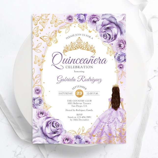 Quinceanera Lilac Purple Gold Floral Invitation (Creator Uploaded)