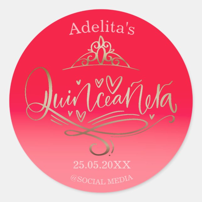 Quinceañera lipstick red pink 15th birthday classic round sticker (Front)