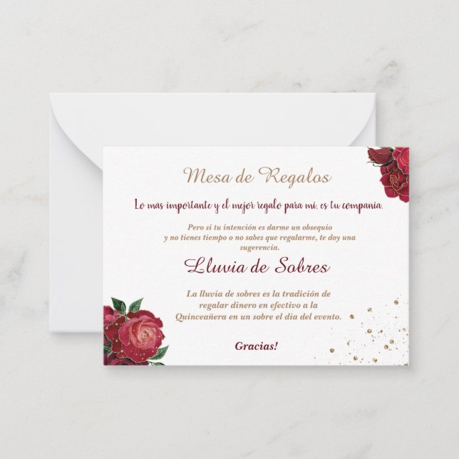 Quinceañera Lluvia de Sobres White Red Roses Card (Front)