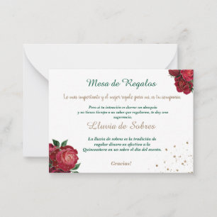Quinceañera Lluvia de Sobres White, with Red Roses Card